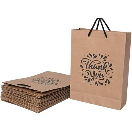 Suffix Retail  (Pack Of 50) Brown Paper Thank You Gift Bags With Braided Cotton Handles (12X8.7X3 Inches)