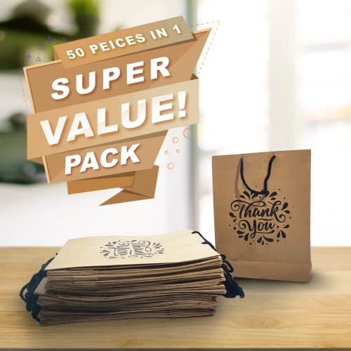 Suffix Retail  (Pack Of 50) Brown Paper Thank You Gift Bags With Braided Cotton Handles (12X8.7X3 Inches)