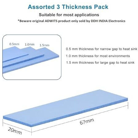 Adwits 9 Pack Assorted Thickness 0.5 1.0 1.5 Mm Thermal Conductive Silicone Pads With 6.0 W/Mk Thermal Conductivity, Soft Safe Simple To Apply For Ssd Cpu Gpu Led Ic Chipset Cooling -Blue