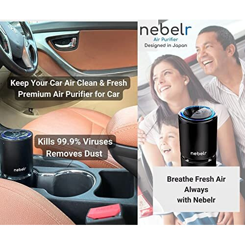 Nebelr Car Air Purifier Ionizer - Premium - Alluminium - 10 Million Negative Ions - Kills 99.9% Viruses - Removes Pm2.5 & Dust - Portable - Designed In Japan - Gen 2 - Type C - 2025 - (Black Jet)