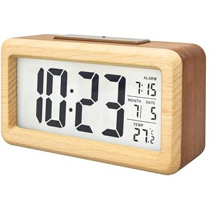 Kadio Everwood Digital Alarm Clock Battery Operated, Wooden Smart Night Light Digital Clock Lcd Display, Snooze Function, Room Temperature, Small Clocks For Bedroom, Beside Desk, 13.48X3.81 Cm
