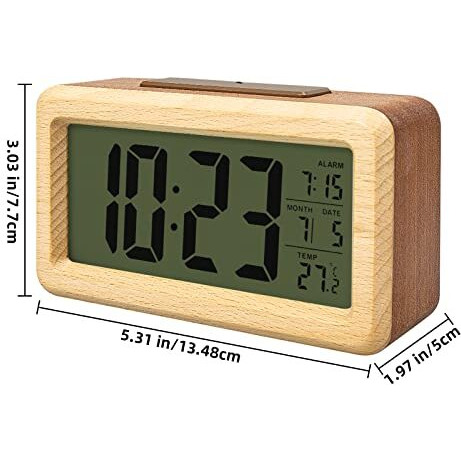 Kadio Everwood Digital Alarm Clock Battery Operated, Wooden Smart Night Light Digital Clock Lcd Display, Snooze Function, Room Temperature, Small Clocks For Bedroom, Beside Desk, 13.48X3.81 Cm