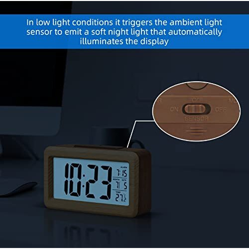 Kadio Everwood Digital Alarm Clock Battery Operated, Wooden Smart Night Light Digital Clock Lcd Display, Snooze Function, Room Temperature, Small Clocks For Bedroom, Beside Desk, 13.48X3.81 Cm
