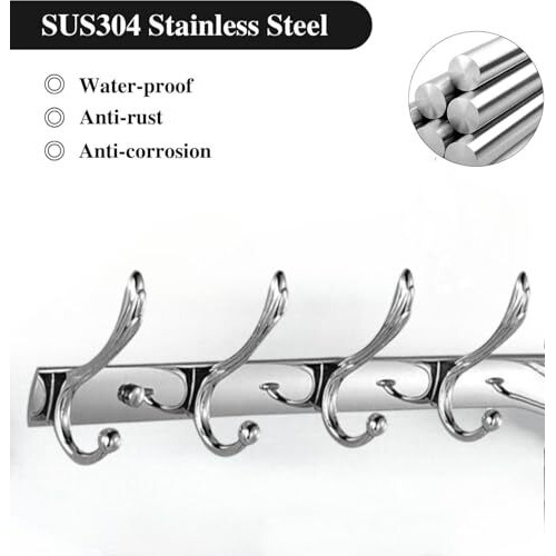 Excellent Stainless Steel 12Pin Bathroom Cloth Hanger Door Wall Robe Hooks Rail For Hanging Keys, Clothes, Towel (40 Cms) Pack Of 2 , Silver