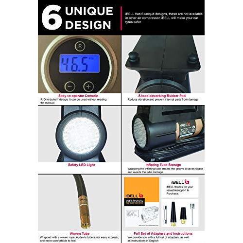 Ibell Plastic Heavy Duty Tyre Inflator Ca12-97, 12V Dc, 150 Psi (Digital), Air Volume 35L/Min (Black / Gold)
