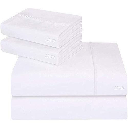 Ccwb By Cotton Craft 600 Thread Count 100% Cotton 4 Pcs Sheet Set Queen Size White (Includes 1 Bedsheet, 1 Fitted Sheet With Elastic, 2 Pillow Cover)