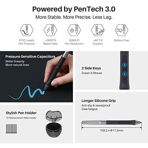 Huion Inspiroy 2 Large Drawing Tablet|Scroll Wheel |3-Set 8 Customized Keys| Battery- Free Stylus For Digital Art, Design, Sketch|10X6Inch Graphics Tablet| Works With Mac, Pc & Mobile|Black
