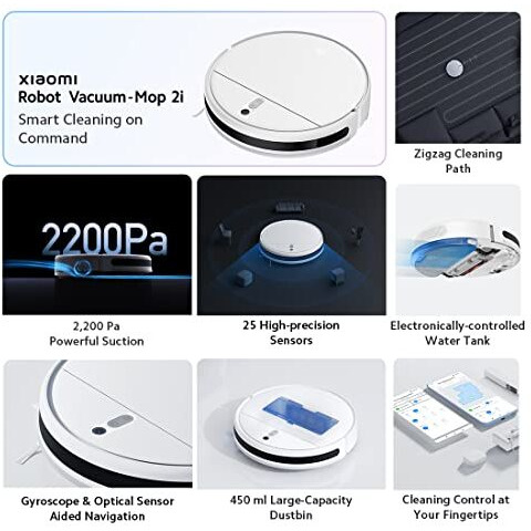 Mi Xiaomi Robot Vacuum-Mop 2I, 2200 Pa Powerful Suction, 450 Ml Large-Capacity Dustbin, Electronically-Controlled 270 Ml Water Tank, Controls Remotely Via App, Alexa/Ga Enabled, White