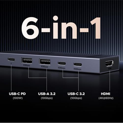 Ugreen Revodok Pro 106 Usb C Hub 10Gbps, 6-In-1 Multiport Adapter With Hdmi 4K@60Hz Display, 2 Type A And C 3.2 Data Ports, 100W Pd For Pc Laptop Tablet, Macbook Air, Ipad Pro, Iphone 16/15 And More