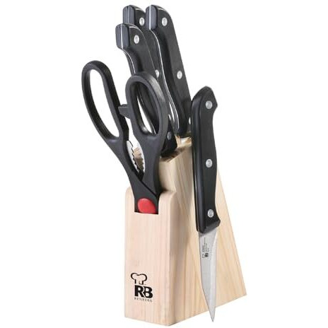 Renberg Stainless Steel Knife Set, 6-Pieces, Black, 1 Boning Knife, 1 Utility Knife, 1 Steak Knife, 1 Paring Knife, 1 Scissors, 1 Wooden Block (Kh-8810)