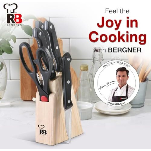 Renberg Stainless Steel Knife Set, 6-Pieces, Black, 1 Boning Knife, 1 Utility Knife, 1 Steak Knife, 1 Paring Knife, 1 Scissors, 1 Wooden Block (Kh-8810)