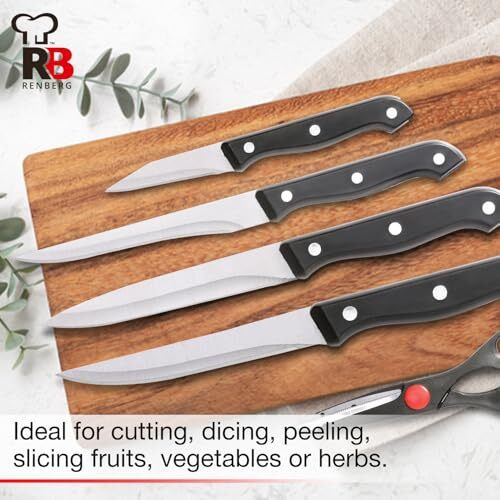 Renberg Stainless Steel Knife Set, 6-Pieces, Black, 1 Boning Knife, 1 Utility Knife, 1 Steak Knife, 1 Paring Knife, 1 Scissors, 1 Wooden Block (Kh-8810)