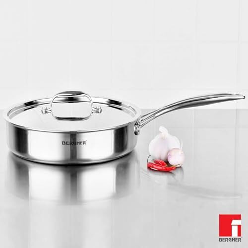 Bergner Argent Triply Stainless Steel 26 Cm (3.1 L) Sautepan With Stainless Steel Lid, Stay Cool Cast Handle, Healthy Cooking, Less Oil Use, Food Safe, Durable - Induction And Gas Stove Ready