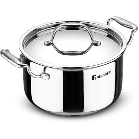 Bergner Argent Triply Stainless Steel 20Cm Casserole With Stainless Steel Lid, 3.1 Liters Casserole, Stay Cool Cast Handle, Less Oil Use, Healthy Cooking, Food Safe, Durable - Induction And Gas Ready
