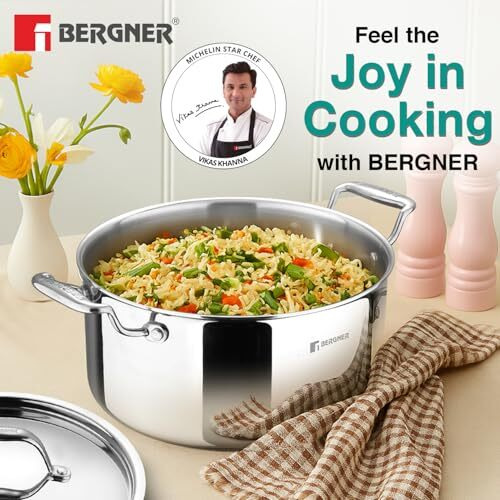 Bergner Argent Triply Stainless Steel 20Cm Casserole With Stainless Steel Lid, 3.1 Liters Casserole, Stay Cool Cast Handle, Less Oil Use, Healthy Cooking, Food Safe, Durable - Induction And Gas Ready