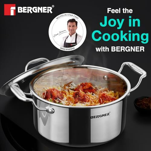 Bergner Argent Triply Stainless Steel 20Cm Casserole With Stainless Steel Lid, 3.1 Liters Casserole, Stay Cool Cast Handle, Less Oil Use, Healthy Cooking, Food Safe, Durable - Induction And Gas Ready