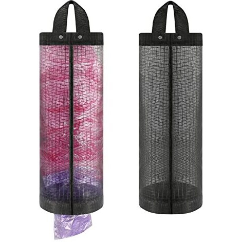 Moniko Plastic Bag Holder 2 Packs,Mesh Grocery Hanging Storage Dispenser,Foldable Washable Organizer For Kitchen (Black)