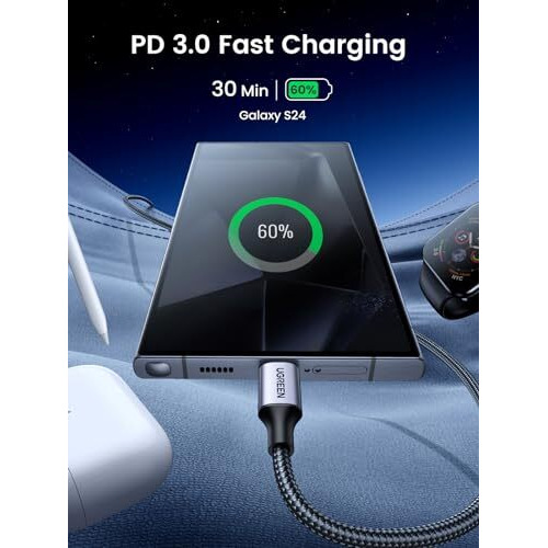 Ugreen 60W Usb C To Usb C Charger Cable, Type C Pd Fast Charging Braided Cord, Compatible With Iphone 16 Pro Max/15, Galaxy S24 S23, Macbook Pro, Ipad Pro 2024, Pixel9, Chromebook, Switch, 0.5M