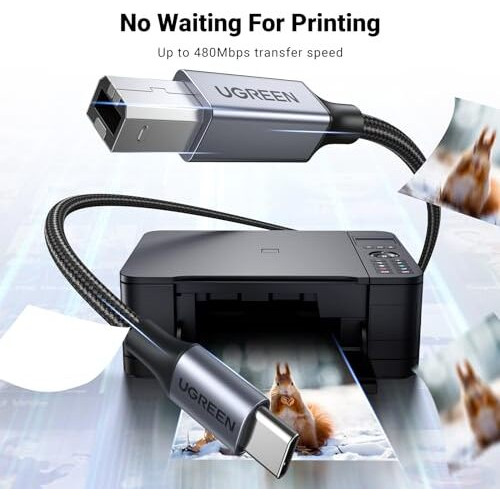 Ugreen Printer Cable Usb C To B 2.0 Scanner Cord Nylon Braided Wire Compatible With Epson Hp Brother Lexmark Printers Yamaha Digital Piano Midi Keyboard Dac 1M (Grey)