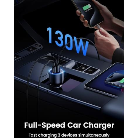 Ugreen 130W Laptop Usb C Car Charger Fast Charging, 3 Ports Cigarette Lighter Adapter, Pd3.0/Qc4.0/Pps 45W, Led Light, Compatible With Macbook, Ipad, Iphone 16 Pro Max, Galaxy S24 Ultra, Black