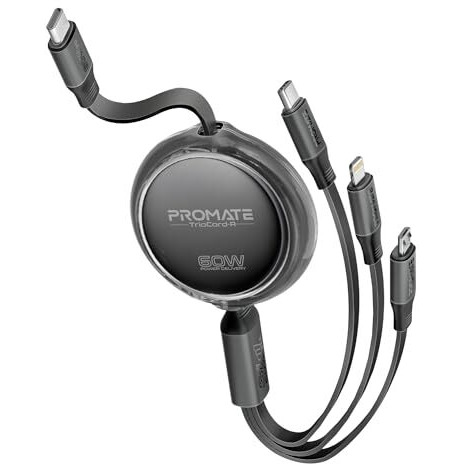 Promate Triocord-R, 3-In-1 Multi-Connector Retractable Cord With Usb-C, Lightning, And Micro-Usb Heads, Transparent Circular Case, Pd60W Fast Charging, 480Mbps Data Transfer-Black