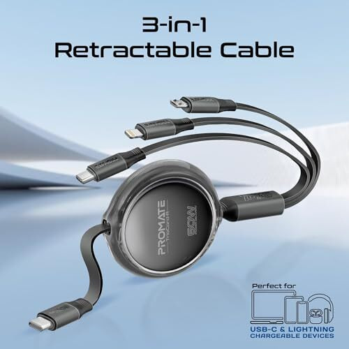 Promate Triocord-R, 3-In-1 Multi-Connector Retractable Cord With Usb-C, Lightning, And Micro-Usb Heads, Transparent Circular Case, Pd60W Fast Charging, 480Mbps Data Transfer-Black