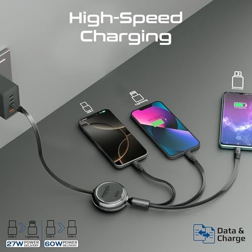 Promate Triocord-R, 3-In-1 Multi-Connector Retractable Cord With Usb-C, Lightning, And Micro-Usb Heads, Transparent Circular Case, Pd60W Fast Charging, 480Mbps Data Transfer-Black