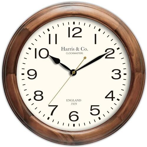 Harris & Co. Clockmasters Vintage Classic Design Analog Wall Clock- 14 Inch (Wooden Dark Teak Frame & Hd Clear Glass) (Silent Sweep Noiseless Technology) Model - Old Compton Street
