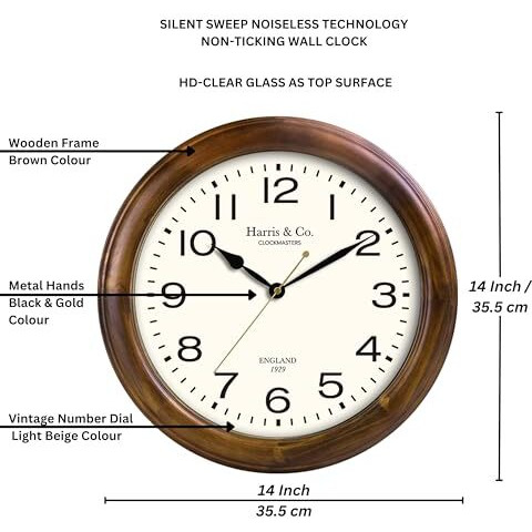 Harris & Co. Clockmasters Vintage Classic Design Analog Wall Clock- 14 Inch (Wooden Dark Teak Frame & Hd Clear Glass) (Silent Sweep Noiseless Technology) Model - Old Compton Street