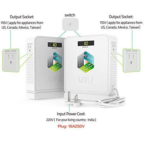 Umi 220V To 110V Step Down Transformer 1600W Voltage Converter For Us Appliances Used In India (Vc-2000)