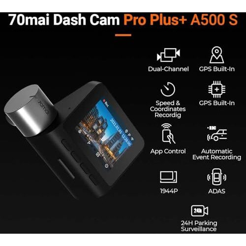 70Mai Pro Plus+ A500S Dual Channel Car Dash Cam, 5Mp Sony Stavis Imx335 Sensor, 3K Front & Full Hd Rear, Refined Adas, Built-In Gps Logger, Night Owl Vision, 70Mai App, Optional Parking Mode