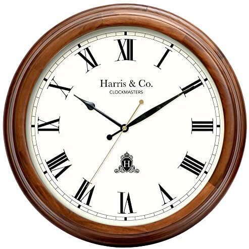 Harris & Co. Clockmasters Luxury Vintage Thick Wooden Frame Hd Clear Glass With Silent Sweep Noiseless Technology Roman Design Analog Wall Clock (15 Inches) Model-The Strand