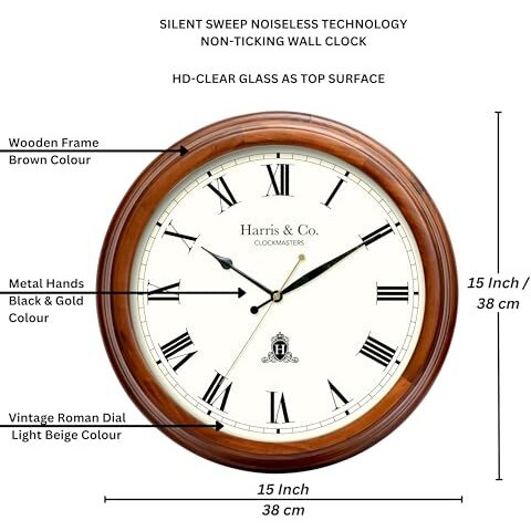 Harris & Co. Clockmasters Luxury Vintage Thick Wooden Frame Hd Clear Glass With Silent Sweep Noiseless Technology Roman Design Analog Wall Clock (15 Inches) Model-The Strand