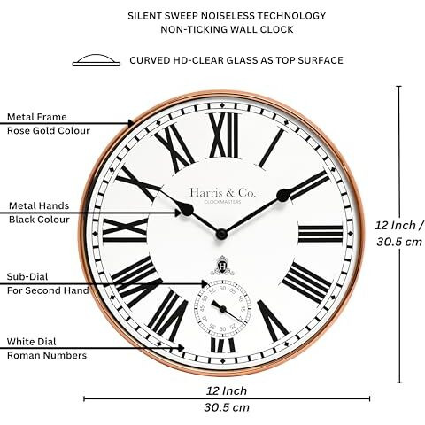 Harris & Co. Clockmasters Premium Metal Analog Wall Clock With Sub-Second Dial (12 Inch) (Rosegold, With Hd Clear Curved Glass)(Silent Sweep Movement Technology)(Fleet Street In Rose)