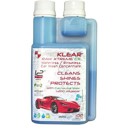 Proklear Rinseless/Waterless Concentrate Dilutable 200 Times Raw Xtreme Cx Carnauba Wax Dry Car Wash Concentrate , 250Ml - 100 Washes Makes 50 Liters