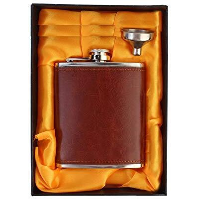 Icy Shots Stainless Steel And Stitched Leather Hip Flask 8 Oz (230 Ml) For Men - Liquor Flask Or Wine Whiskey Alcoholic Beverage Holder With Funnel Gift Set - Classy Brown