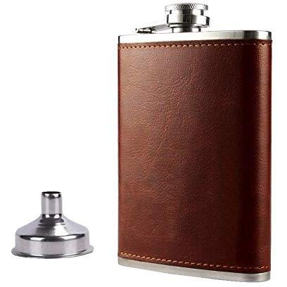 Icy Shots Stainless Steel And Stitched Leather Hip Flask 8 Oz (230 Ml) For Men - Liquor Flask Or Wine Whiskey Alcoholic Beverage Holder With Funnel Gift Set - Classy Brown