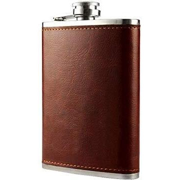 Icy Shots Stainless Steel And Stitched Leather Hip Flask 8 Oz (230 Ml) For Men - Liquor Flask Or Wine Whiskey Alcoholic Beverage Holder With Funnel Gift Set - Classy Brown