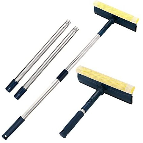 Window Squeegee With 56" Long Handle,2 In 1 Window Cleaning Tools With Dual Side Blade Rubber & Scrubber Sponge,Squeegee For Shower Glass Door,Car Windshield,Glass,Mirror,Outdoor Window