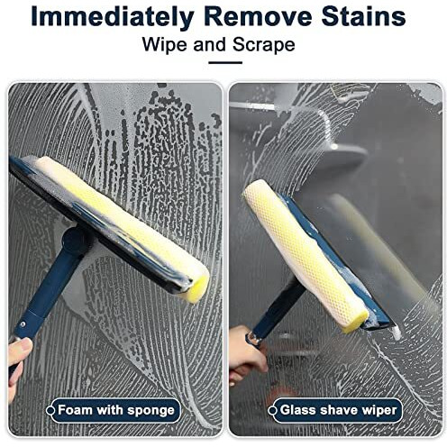 Window Squeegee With 56" Long Handle,2 In 1 Window Cleaning Tools With Dual Side Blade Rubber & Scrubber Sponge,Squeegee For Shower Glass Door,Car Windshield,Glass,Mirror,Outdoor Window