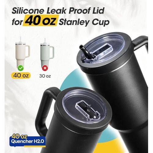 Neouth Tumbler Flip Straw Lid For 40 Oz Stanley Quencher Cup Replacement Fit Leak Proof Silicone Cover Reusable Splash Resistant Cup Lids Accessories For Travel (Black)