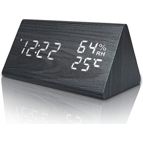 Kadio Everwood Wooden Digital Alarm Clock With Electronic Led Time Display,Humidity&Temperature Detect For Bedroom,Bedside(Brown Triangle)-10 Cm