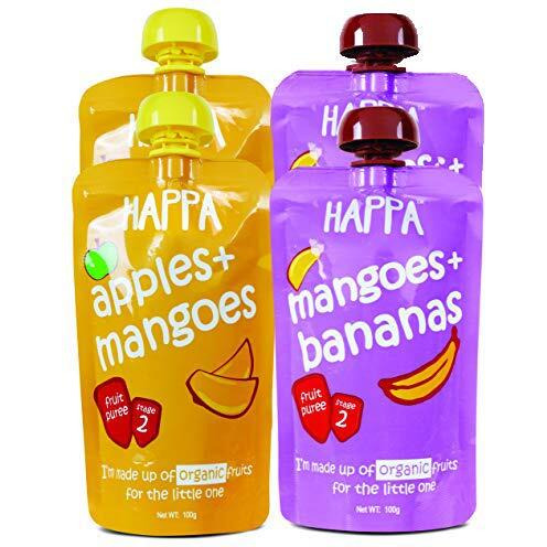 Happa Organic Food, Fruit Puree (Pack Of 4, Mango + Banana, Apple + Mango) Stage 3, 4 Pouches, 100 Gram Each