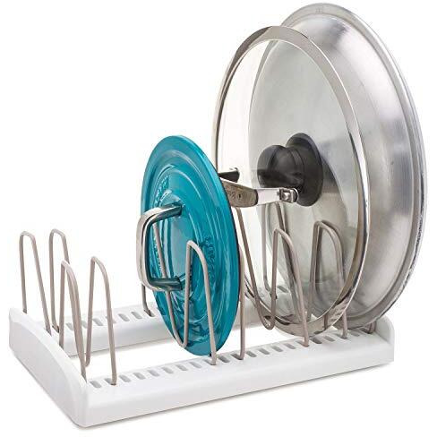 Inovera (Label) Kitchen Lid Pan Dish Rack Holder Adjustable Cabinet Countertop Storage Organizer, White, Plastic & Alloy Steel, Tiered Shelf