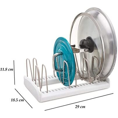 Inovera (Label) Kitchen Lid Pan Dish Rack Holder Adjustable Cabinet Countertop Storage Organizer, White, Plastic & Alloy Steel, Tiered Shelf