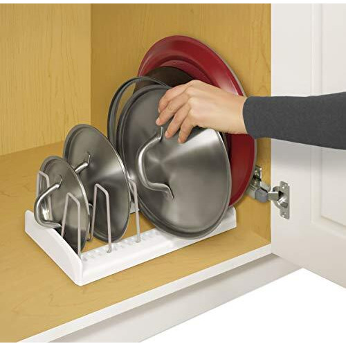 Inovera (Label) Kitchen Lid Pan Dish Rack Holder Adjustable Cabinet Countertop Storage Organizer, White, Plastic & Alloy Steel, Tiered Shelf