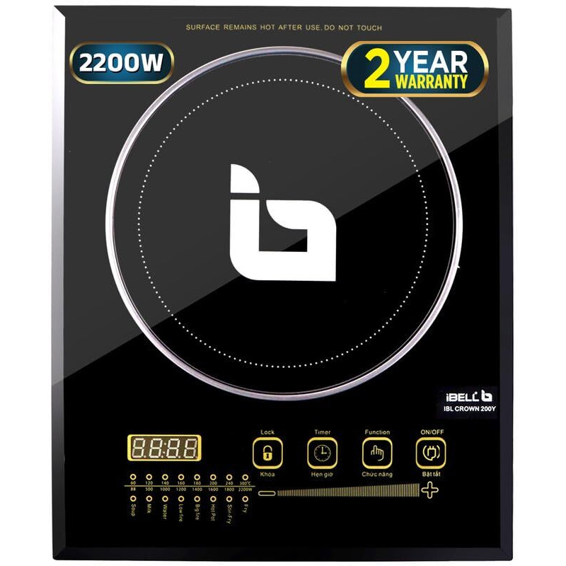 Ibell Crown200Y Premium Induction Cooktop 2200 Watt, 2 Year Warranty, Crystal Glass Top, Big Size, Touch Buttons, 8 Cooking Modes, Auto Shut Off, Over Heat Protection (Black)