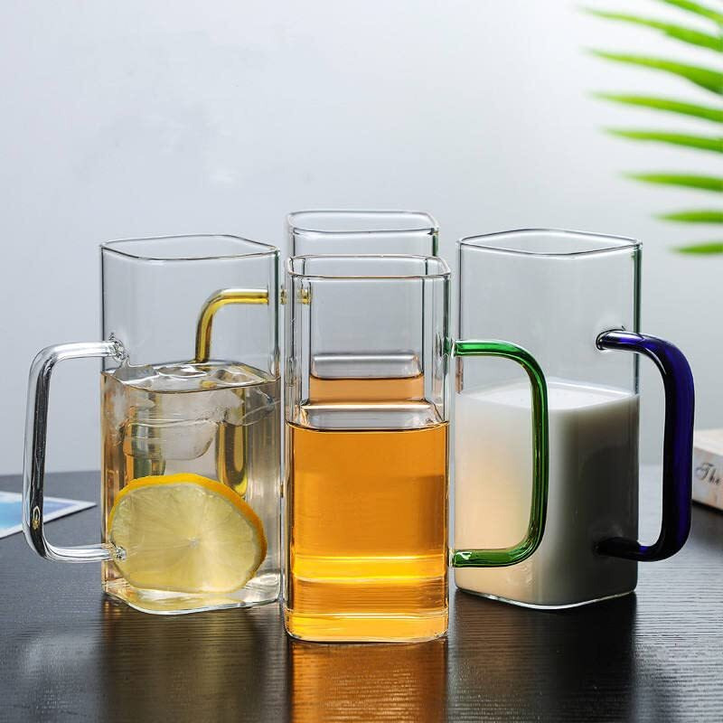 Bliss Start 4 Pieces, 380Ml Heat Resistant Square Glass Tea Cup Juice Microwave Safe Cold Coffee Color Handle Transparent Mug Drinkware Ice Coffee Mug Transparent