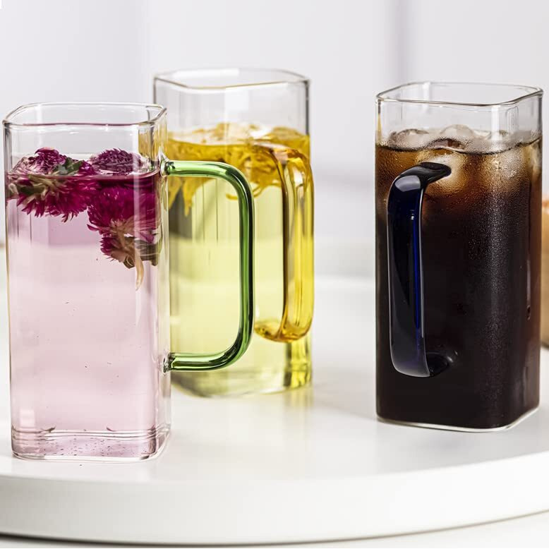 Bliss Start 4 Pieces, 380Ml Heat Resistant Square Glass Tea Cup Juice Microwave Safe Cold Coffee Color Handle Transparent Mug Drinkware Ice Coffee Mug Transparent