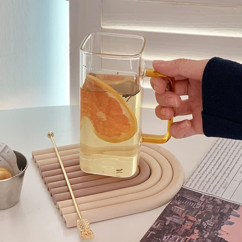 Bliss Start 4 Pieces, 380Ml Heat Resistant Square Glass Tea Cup Juice Microwave Safe Cold Coffee Color Handle Transparent Mug Drinkware Ice Coffee Mug Transparent